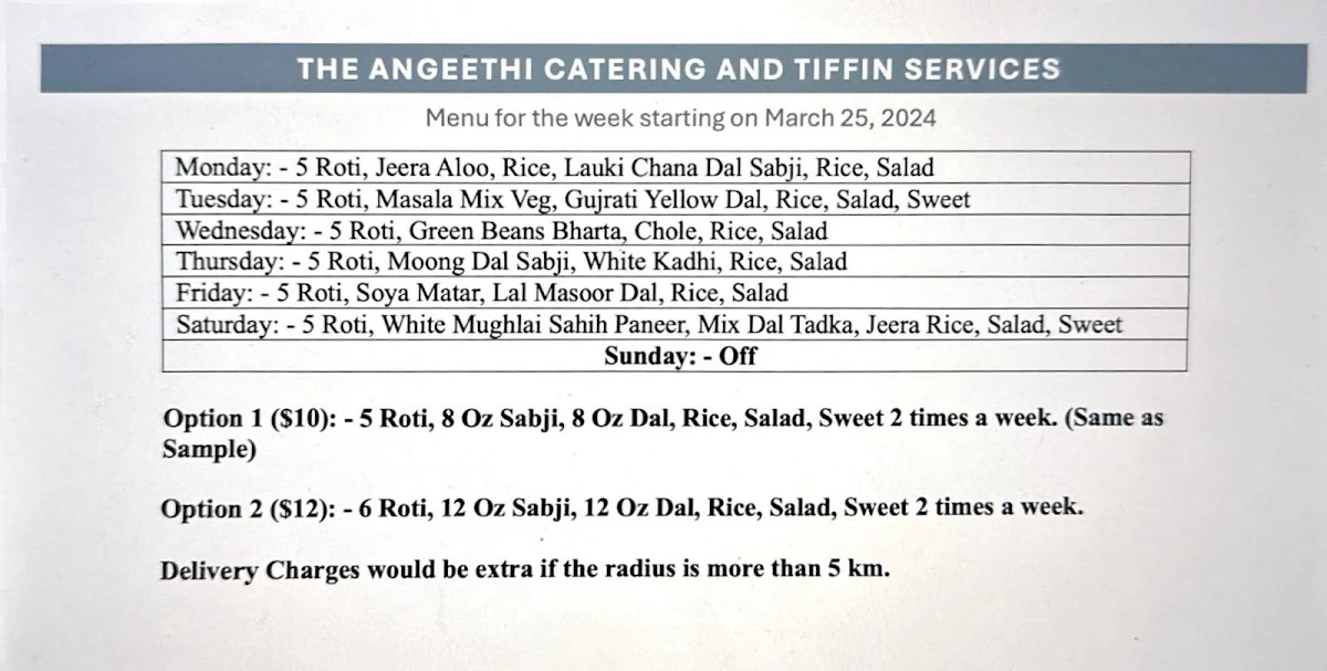 Menu, Angeethi Tiffin and Catering Services