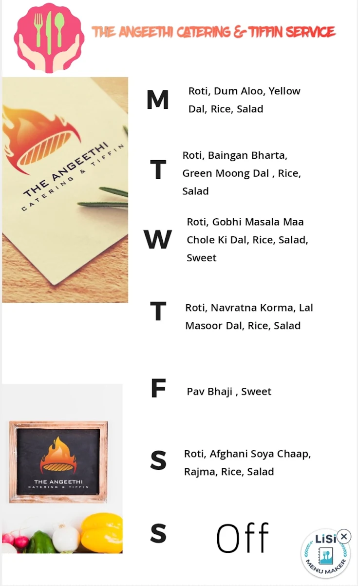 Menu, Angeethi Tiffin and Catering Services