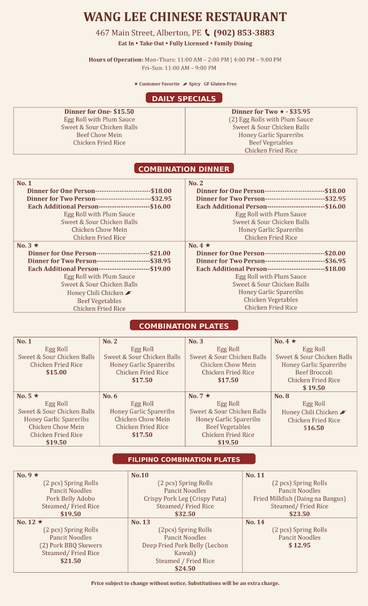 Menu, Wang-Lee Family Restaurant