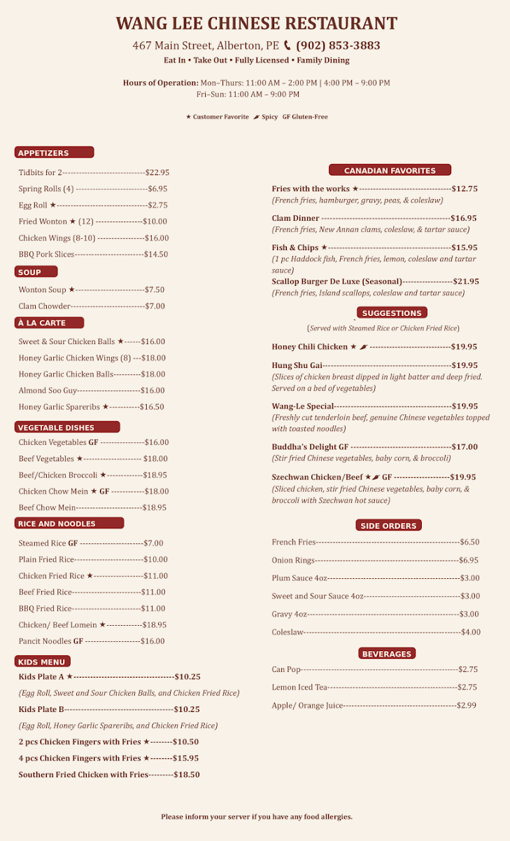 Menu, Wang-Lee Family Restaurant