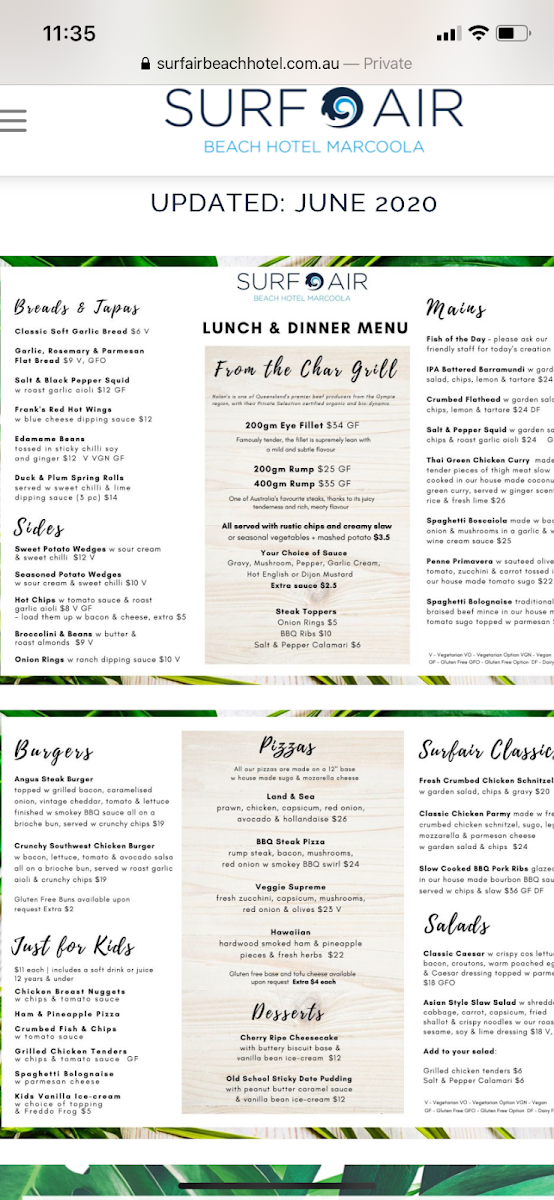 Menu, Surfair Beach Hotel