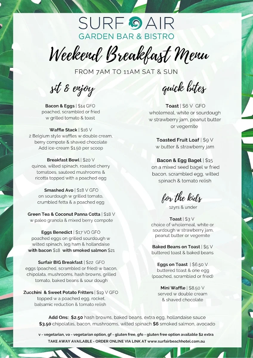 Menu, Surfair Beach Hotel