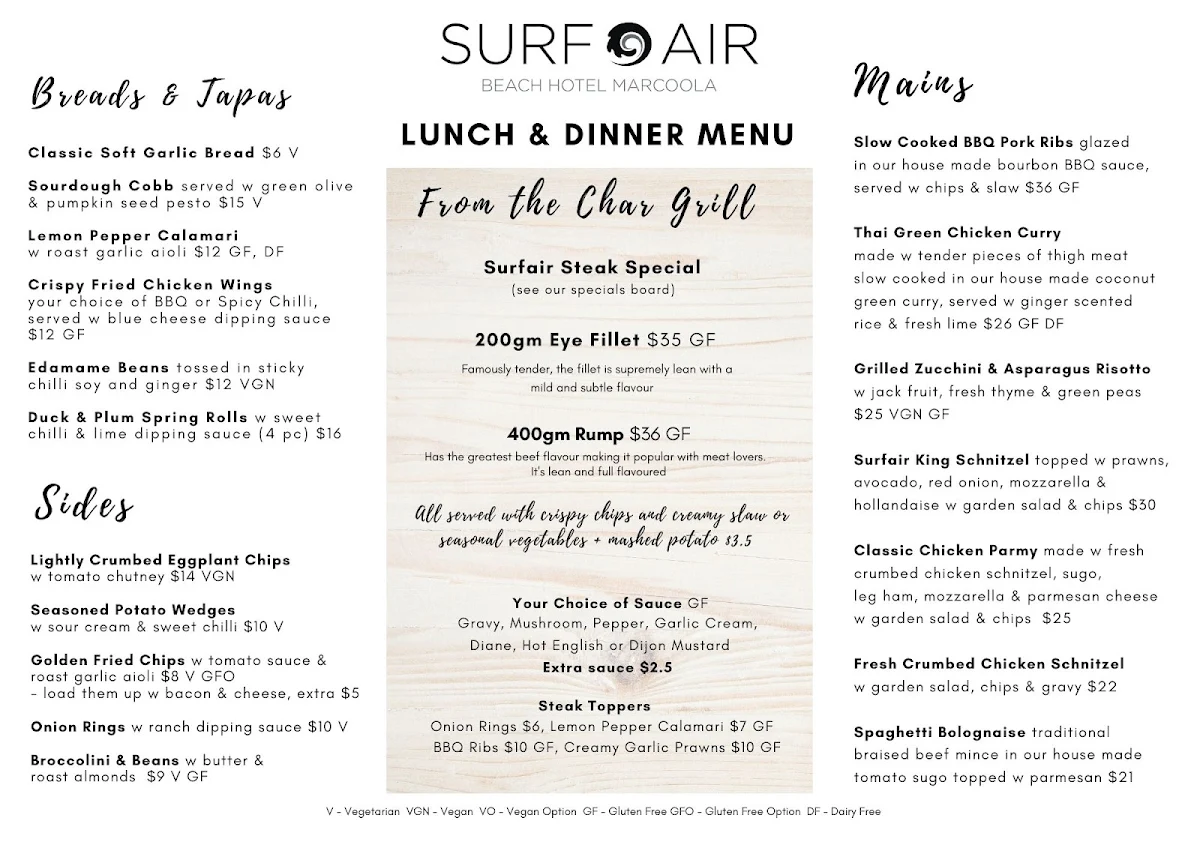 Menu, Surfair Beach Hotel