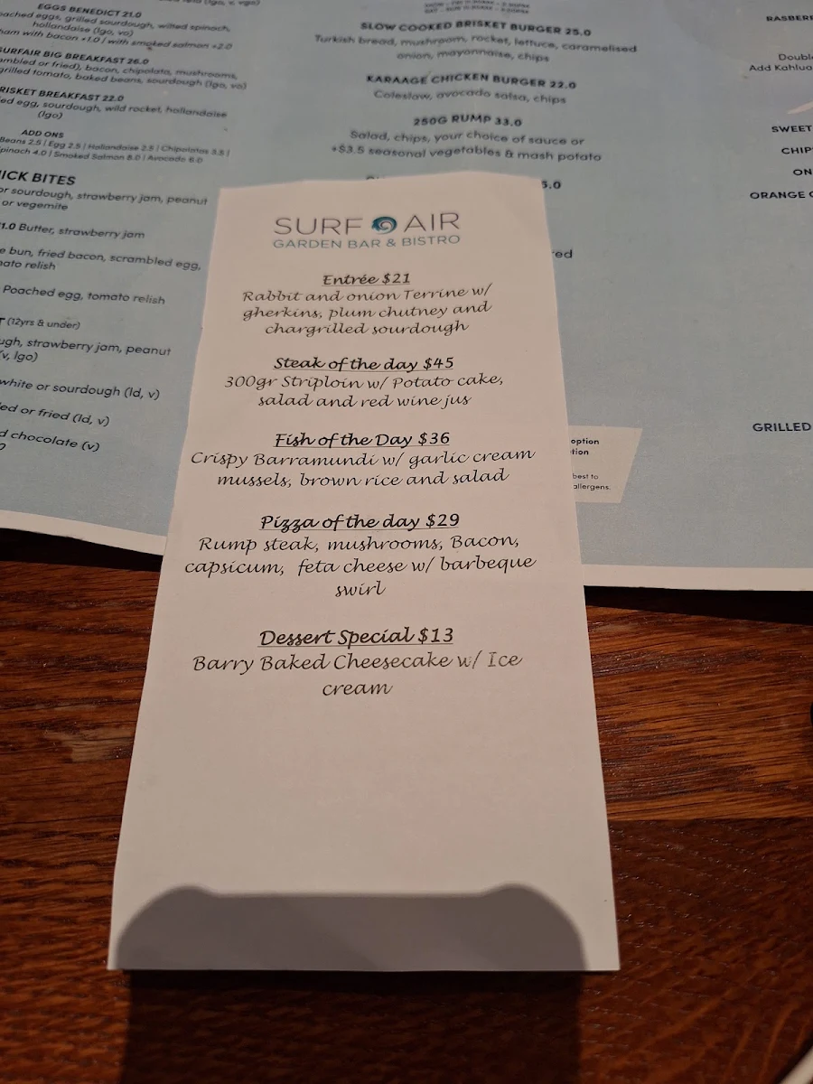 Menu, Surfair Beach Hotel