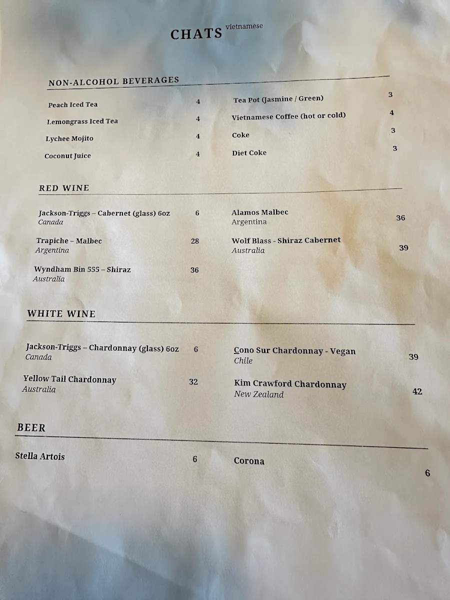 Menu, Chats Vietnamese