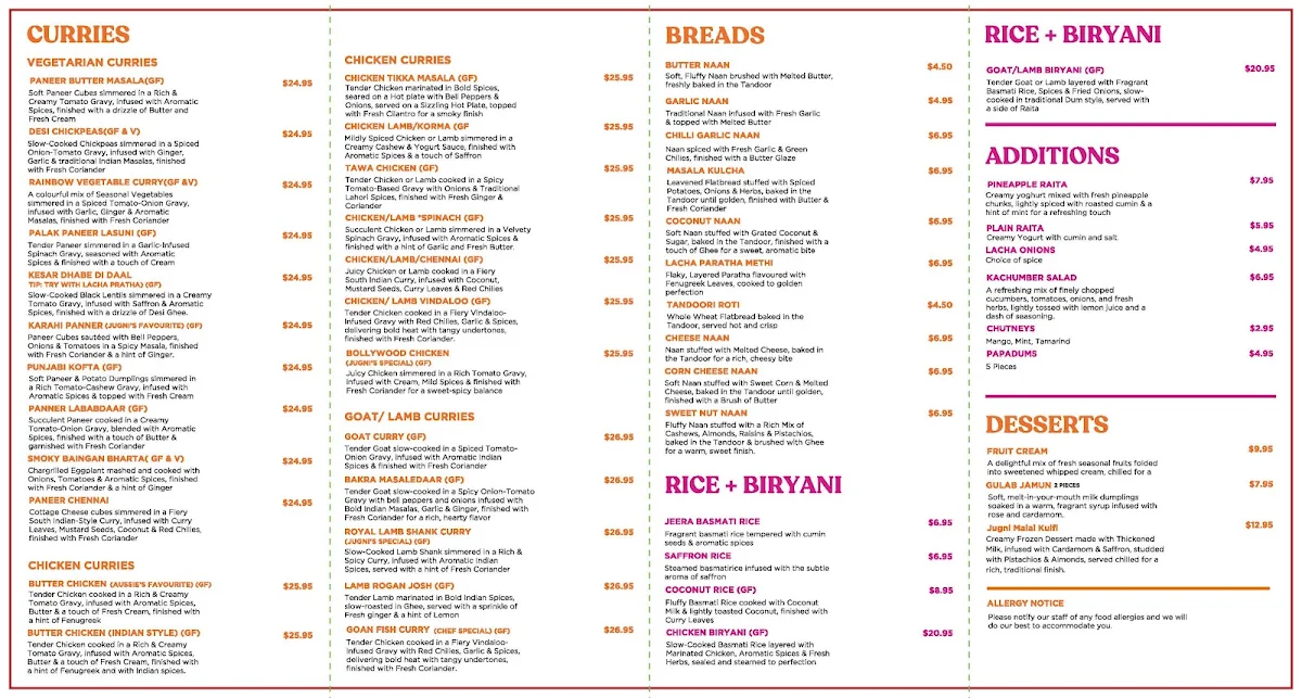 Menu, Jugni Restaurant & Bar