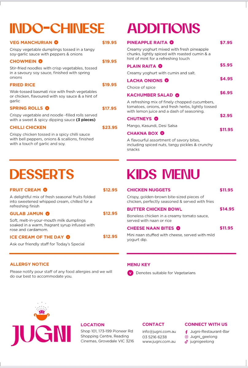 Menu, Jugni Restaurant & Bar