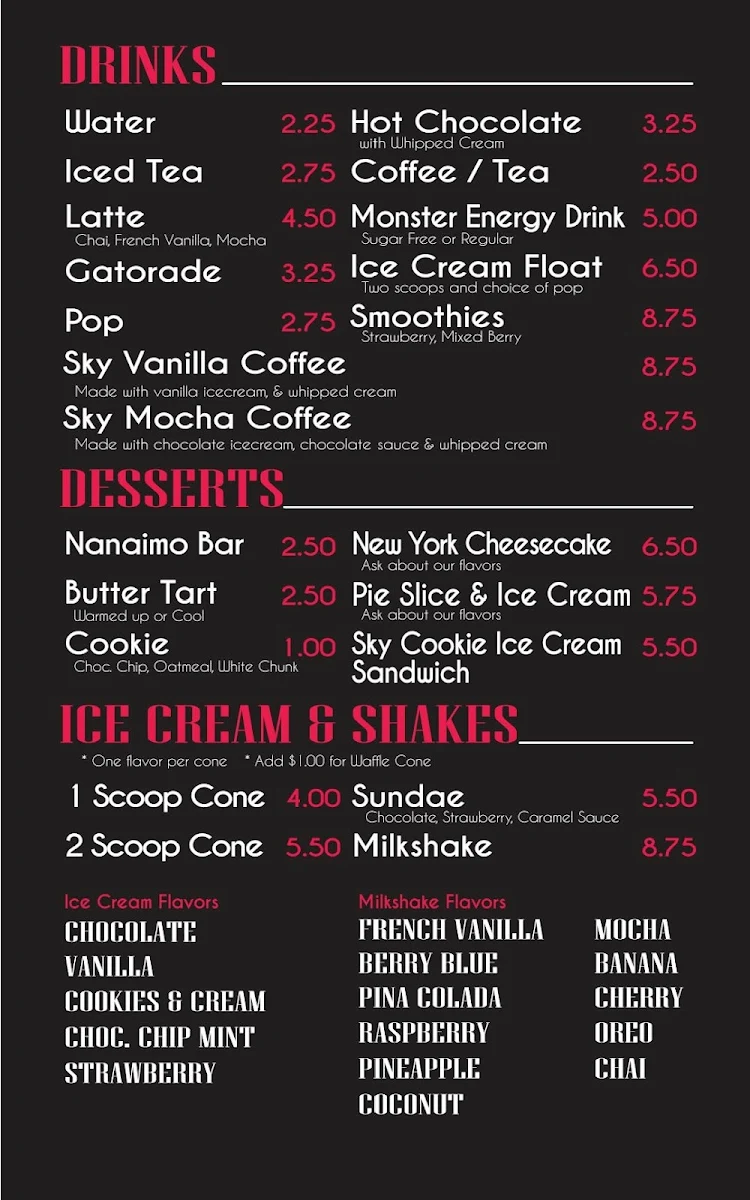 Menu, Sky High Diner
