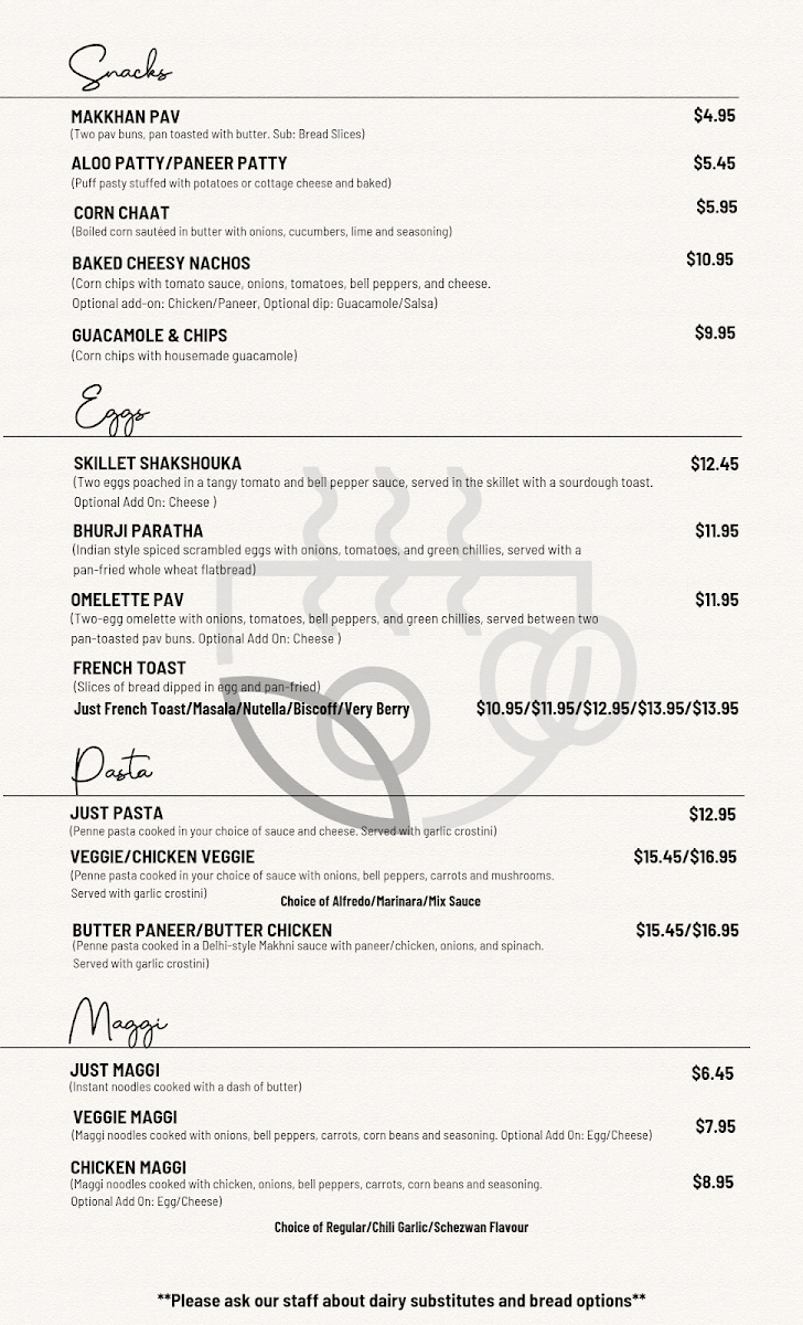 Menu, Chai Coffee Company