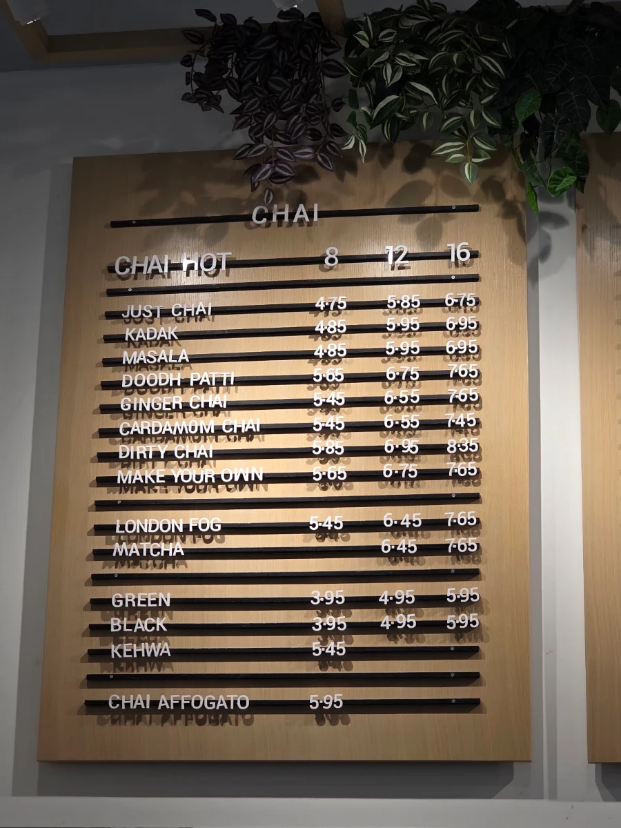 Menu, Chai Coffee Company