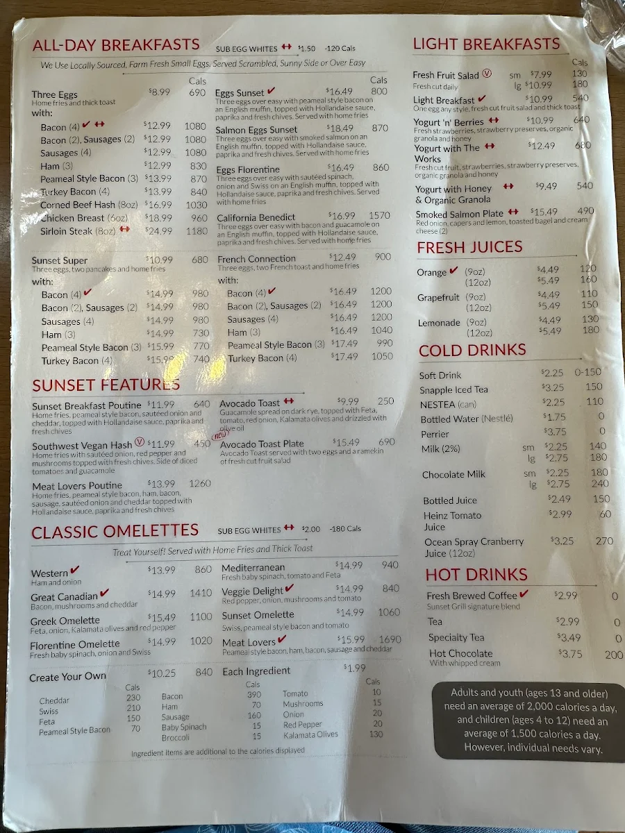 Menu, Sunset Grill