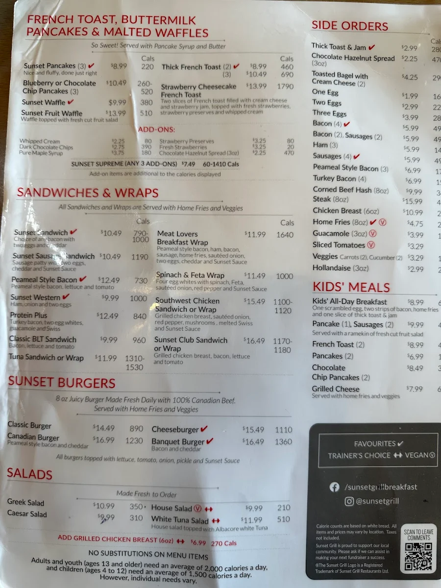 Menu, Sunset Grill