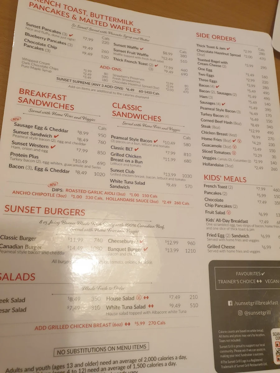 Menu, Sunset Grill