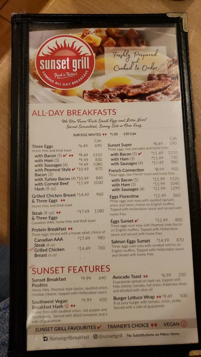 Menu, Sunset Grill