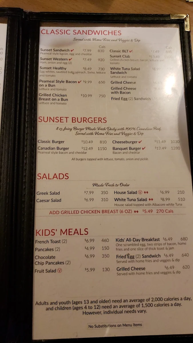 Menu, Sunset Grill