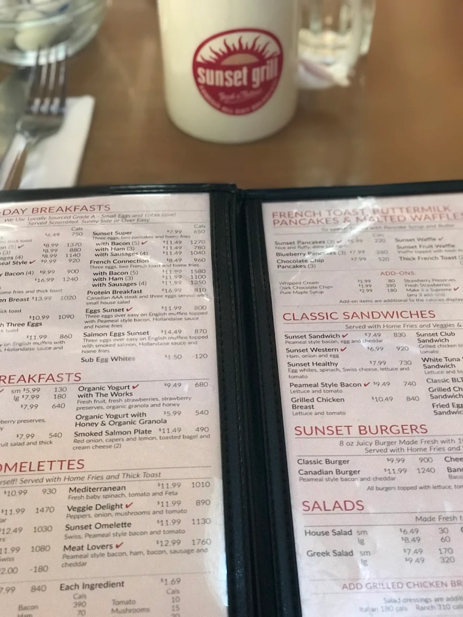 Menu, Sunset Grill
