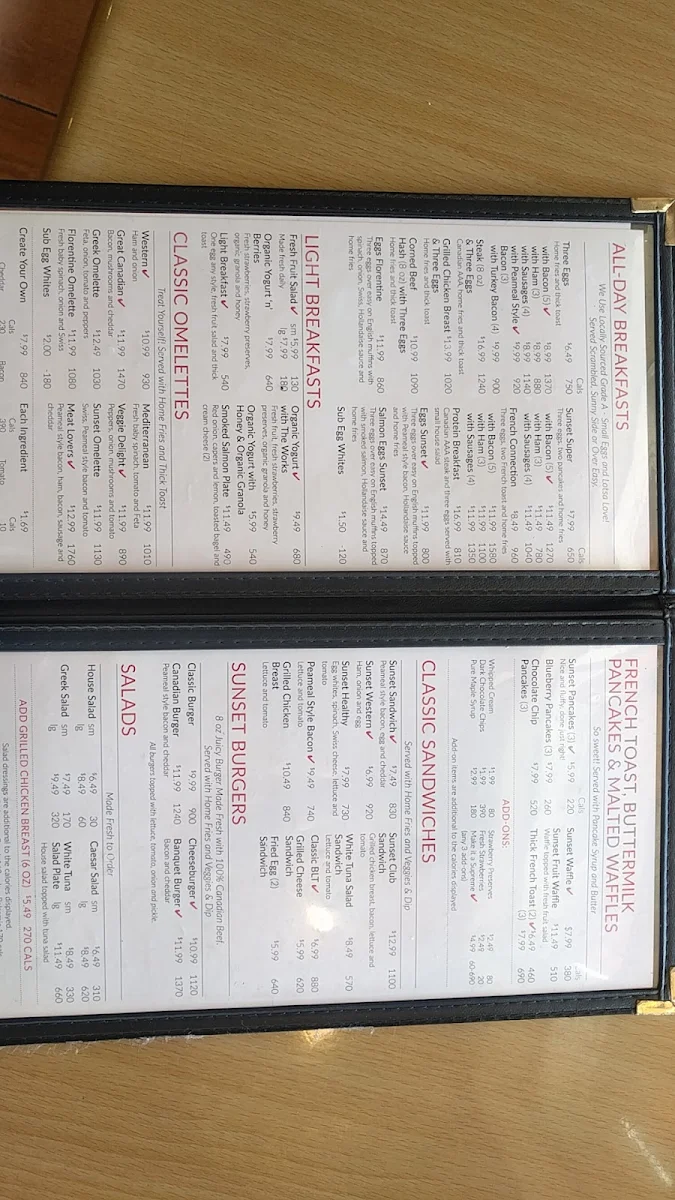 Menu, Sunset Grill