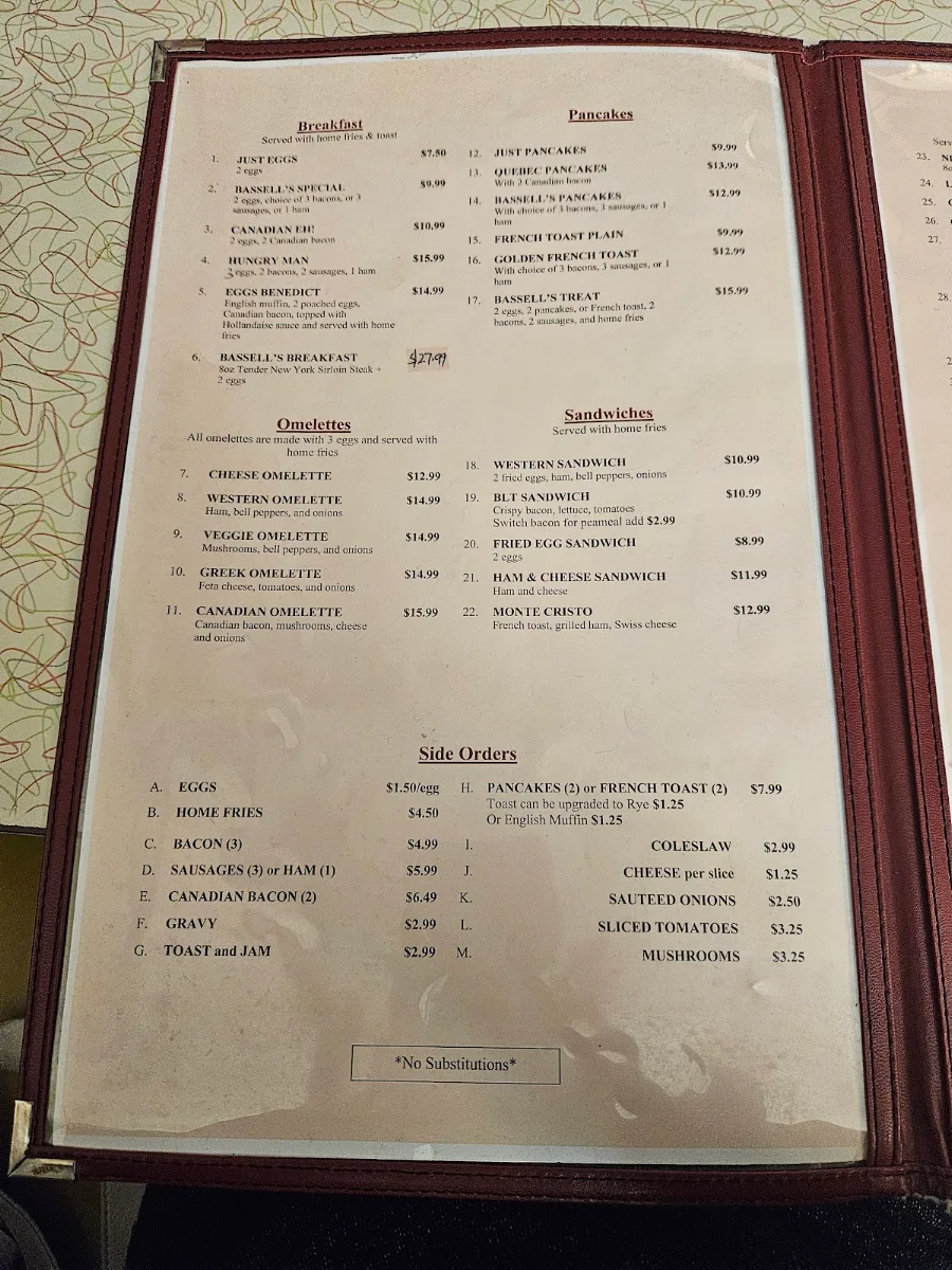 Menu, Basell’s Restaurant & Tavern