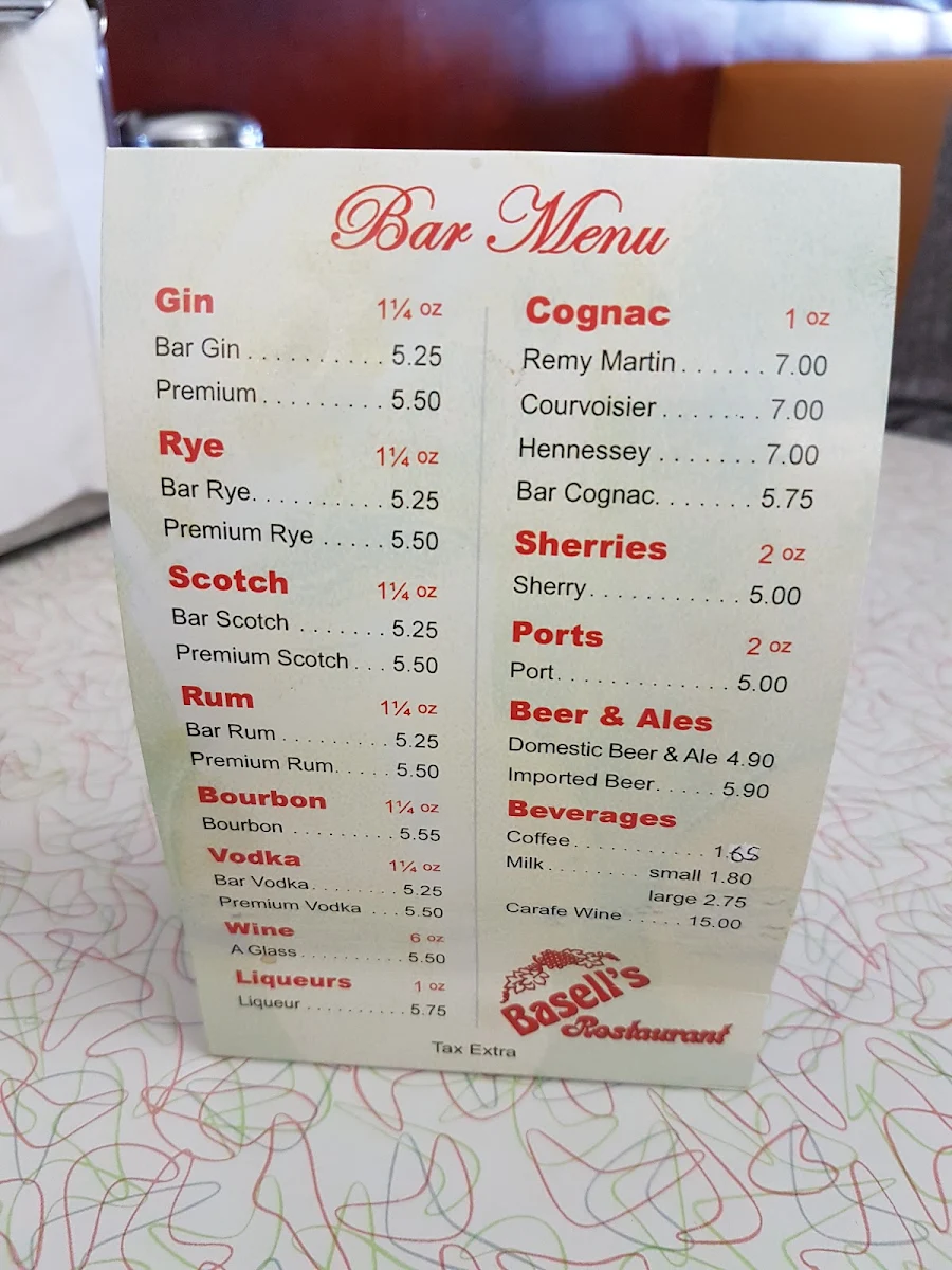 Menu, Basell’s Restaurant & Tavern