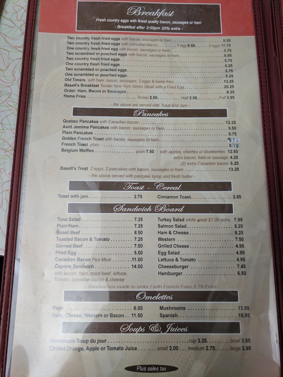 Menu, Basell’s Restaurant & Tavern