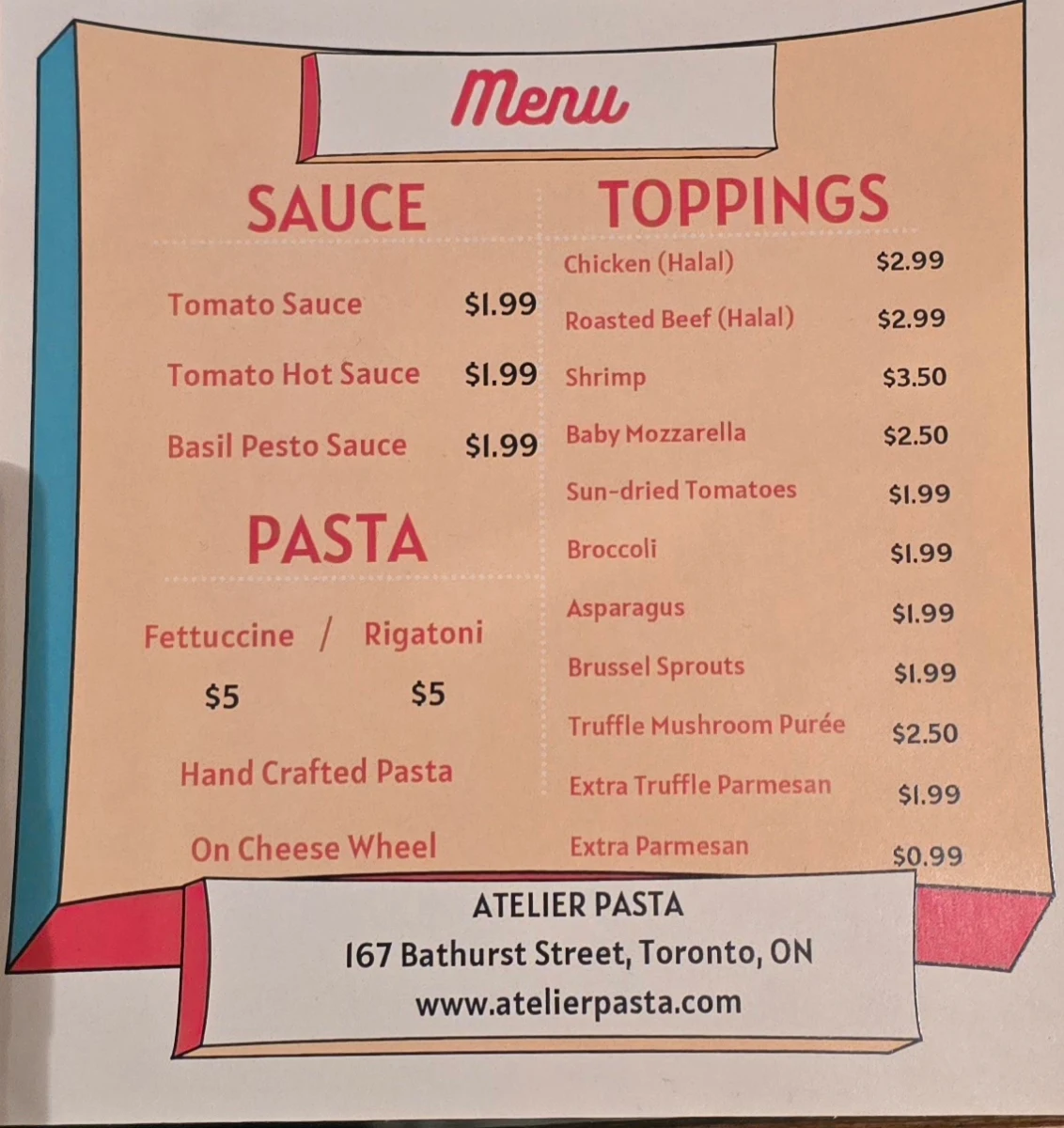 Menu, Atelier Pasta