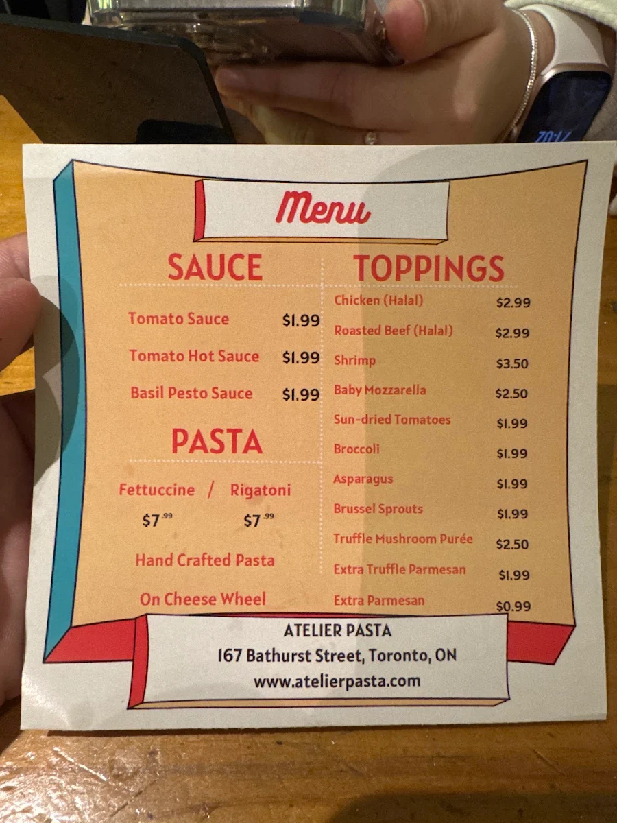 Menu, Atelier Pasta