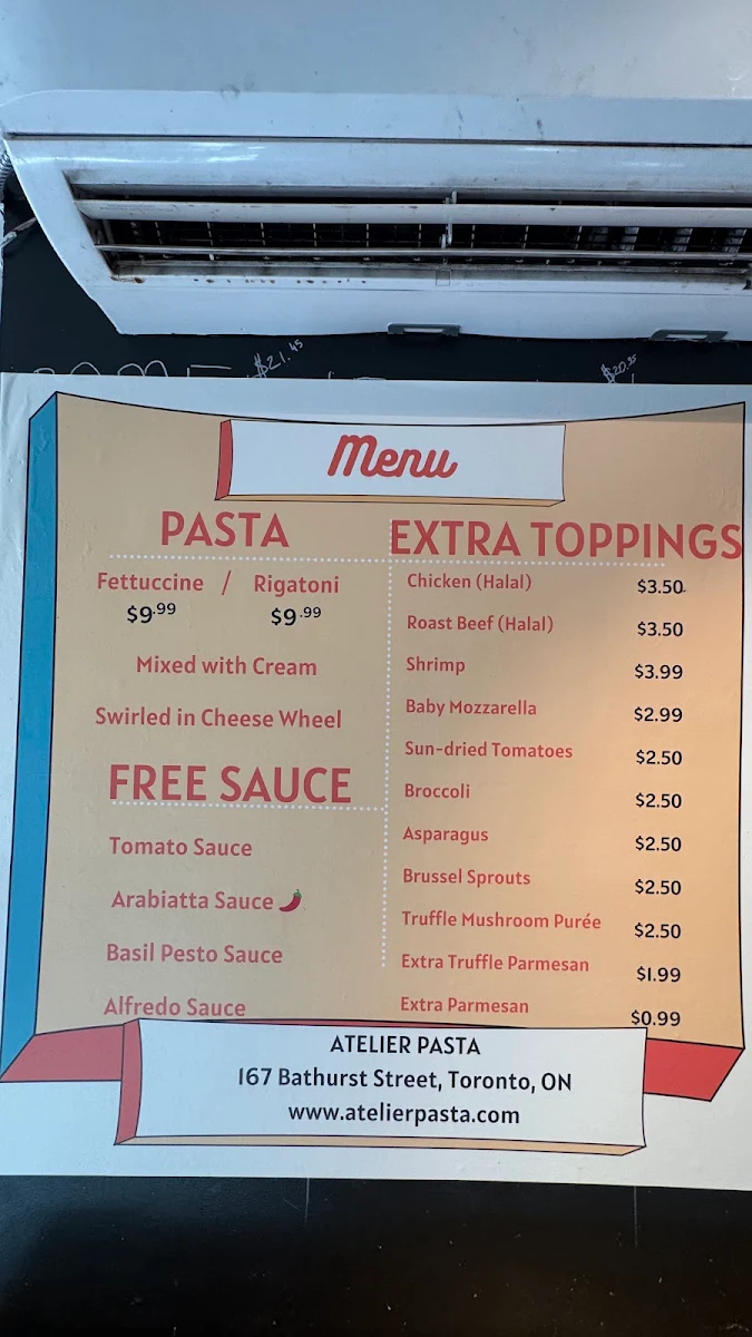 Menu, Atelier Pasta
