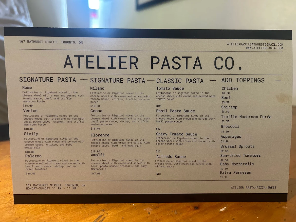 Menu, Atelier Pasta