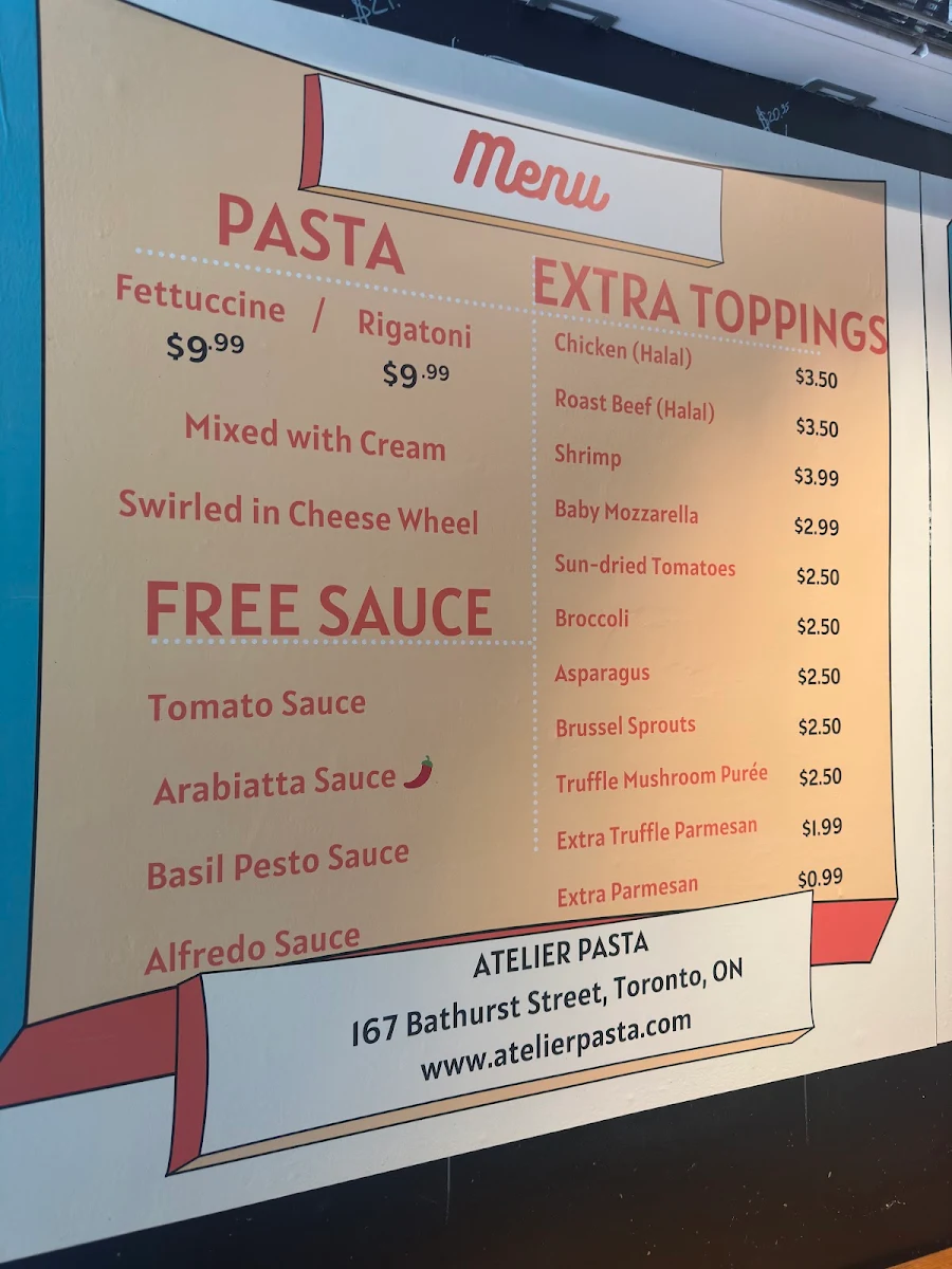 Menu, Atelier Pasta