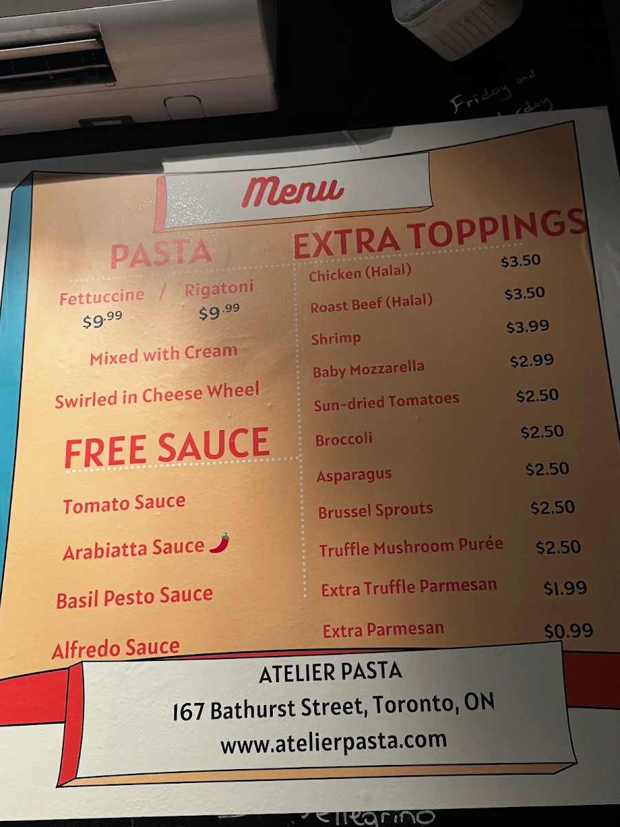 Menu, Atelier Pasta