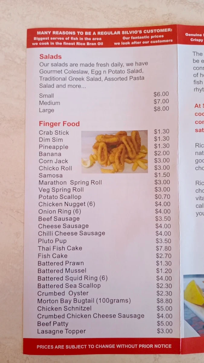 Menu, Silvio's Fish & Chips