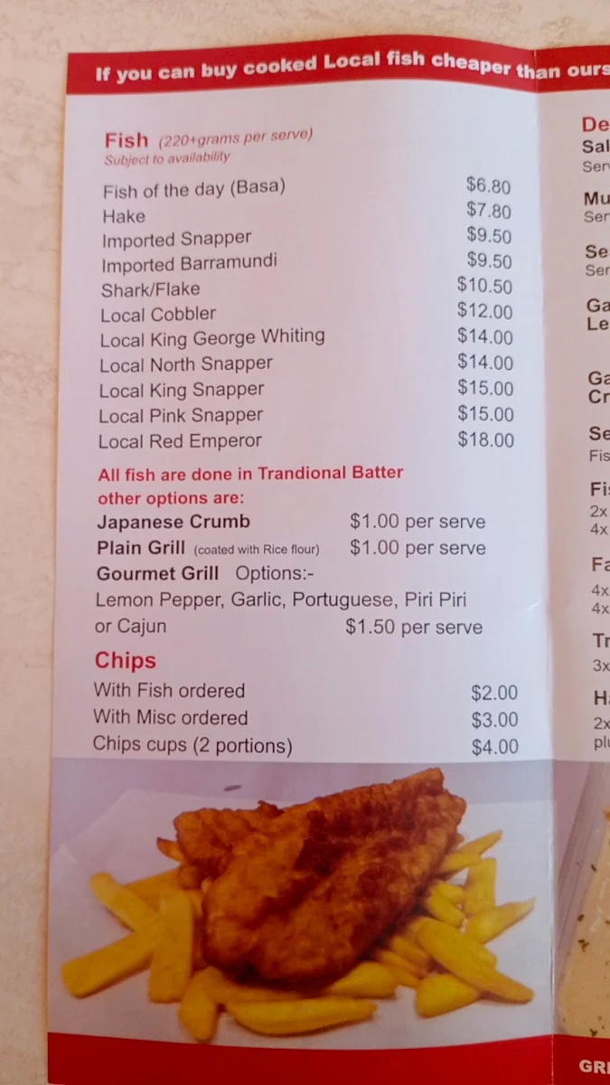 Menu, Silvio's Fish & Chips