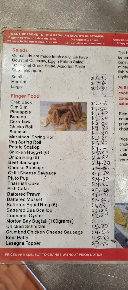 Menu, Silvio's Fish & Chips