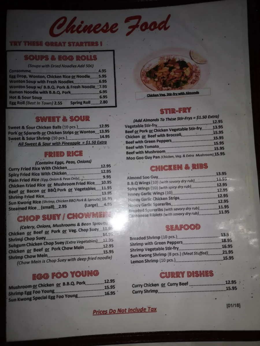 Menu, Sun Kwong Restaurant