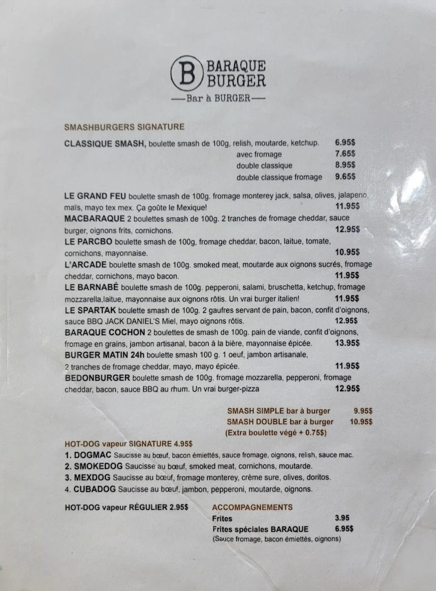 Menu, Baraque Burger Cantine Urbaine