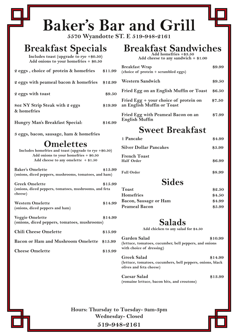 Menu, Baker's Bar & Grill