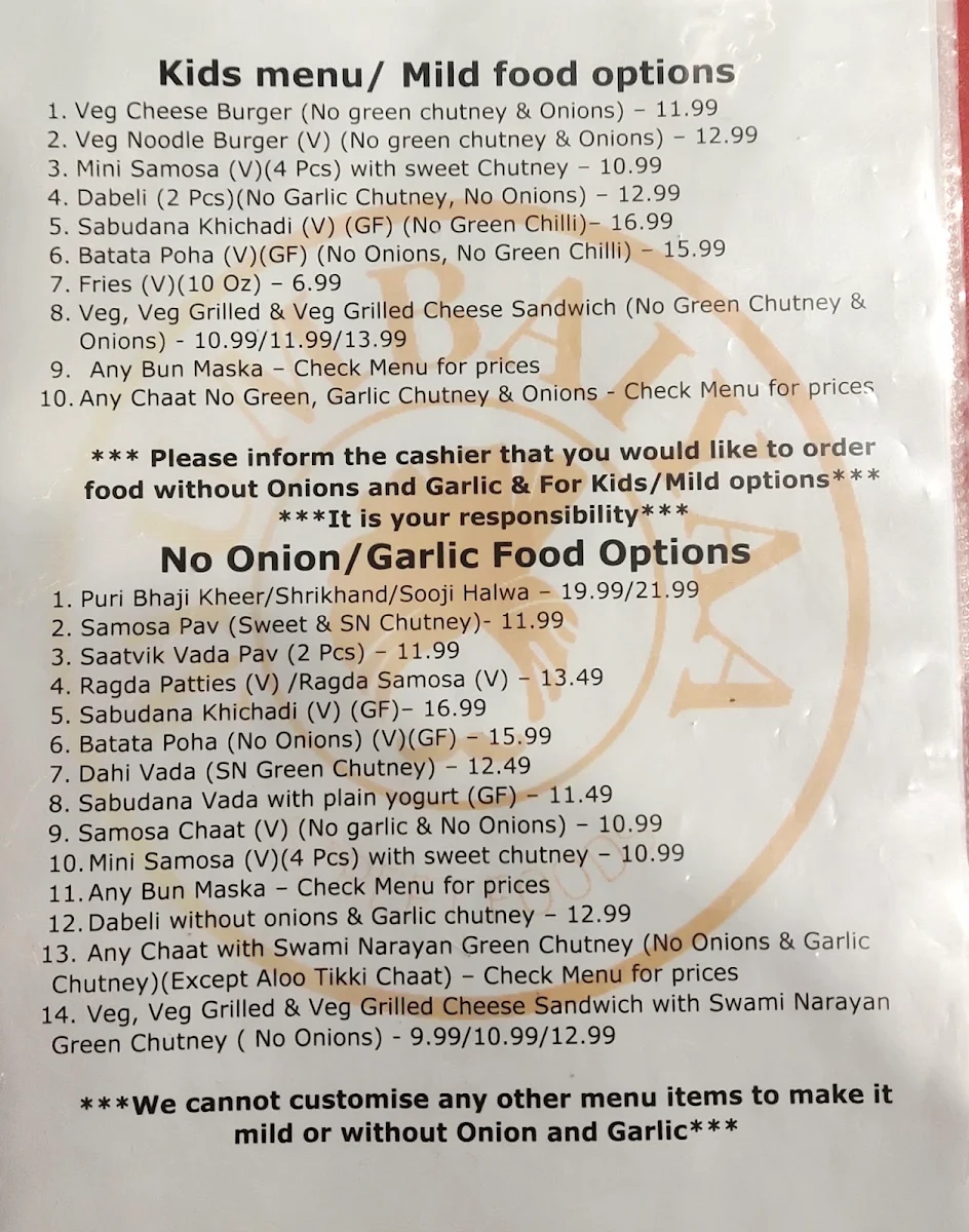 Menu, Mumbaiyaa Street Foods - Pure Vegetarian