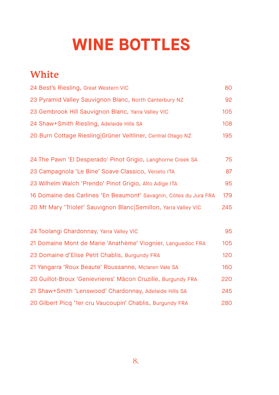 Menu, Smoke Bar
