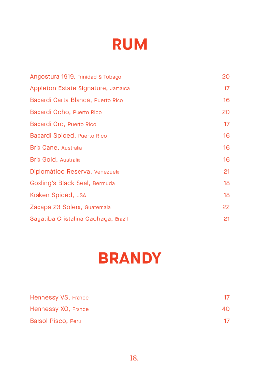Menu, Smoke Bar