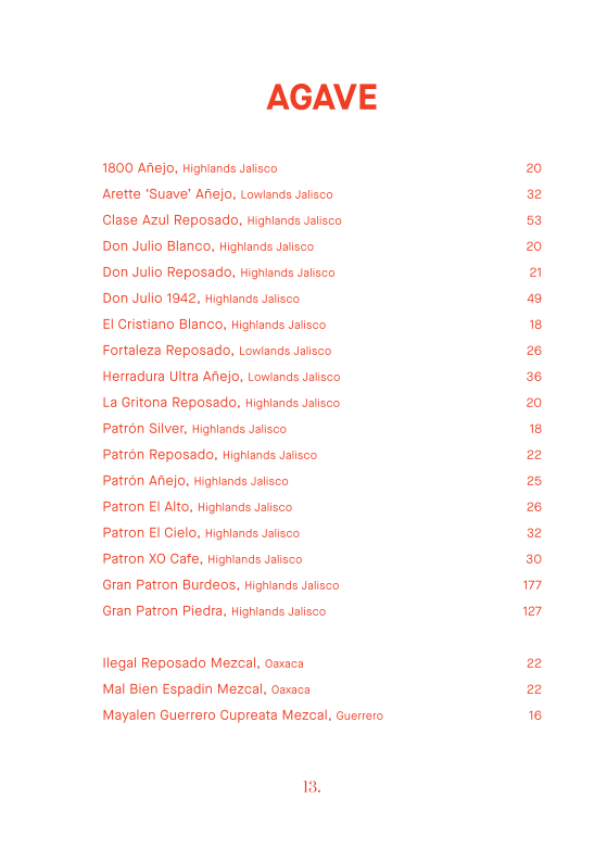 Menu, Smoke Bar