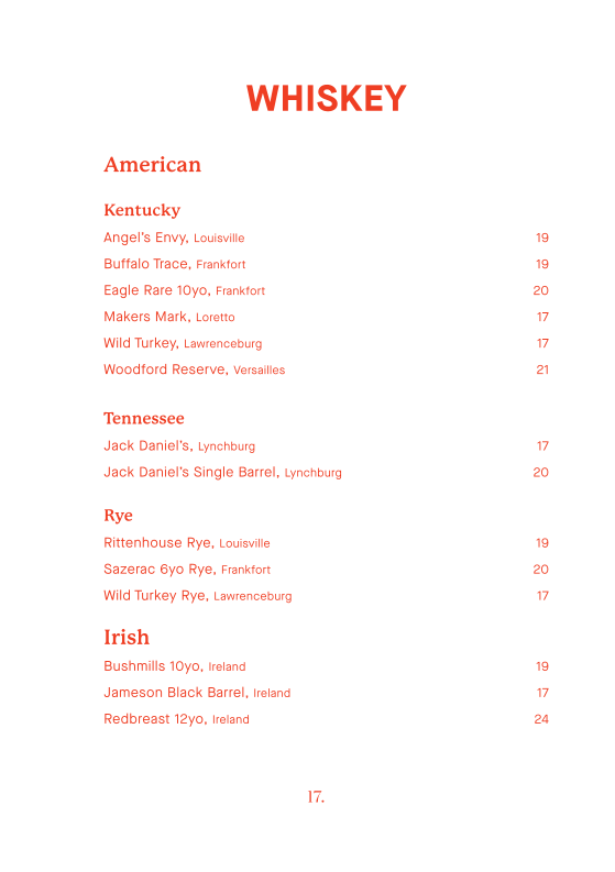 Menu, Smoke Bar