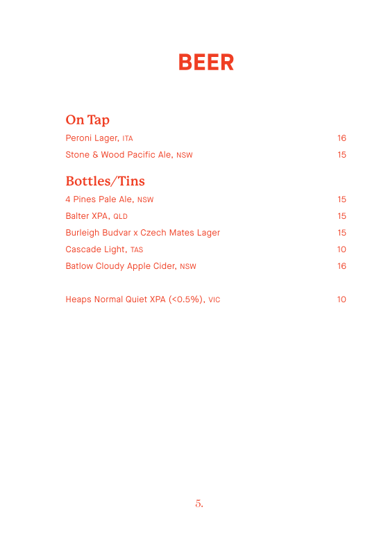 Menu, Smoke Bar