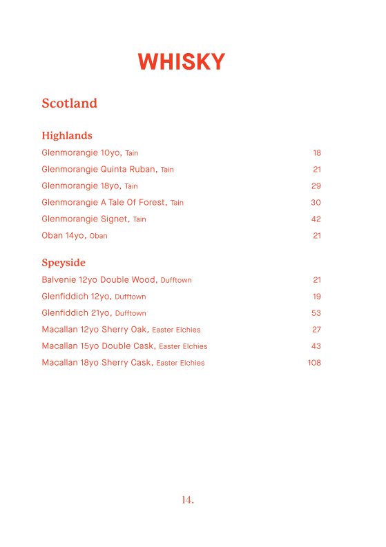 Menu, Smoke Bar