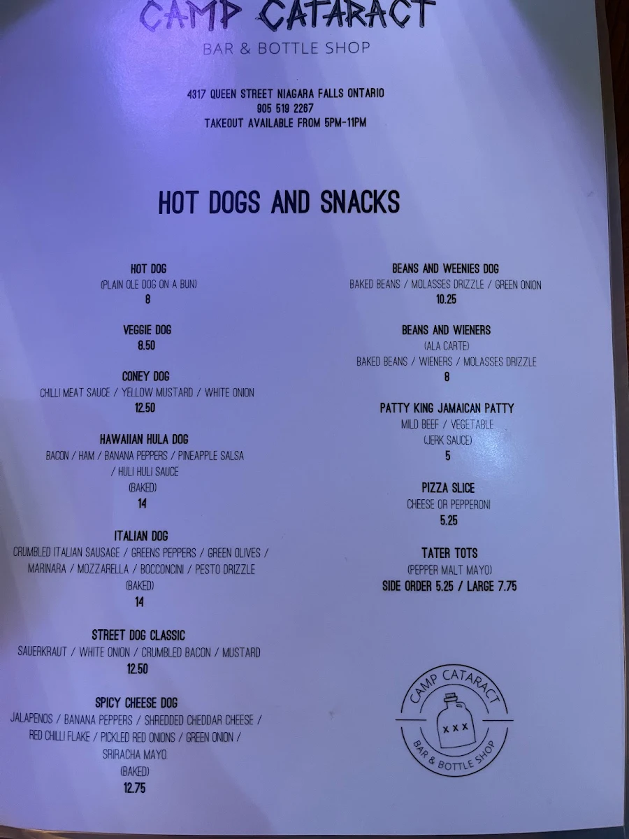 Menu, Camp Cataract