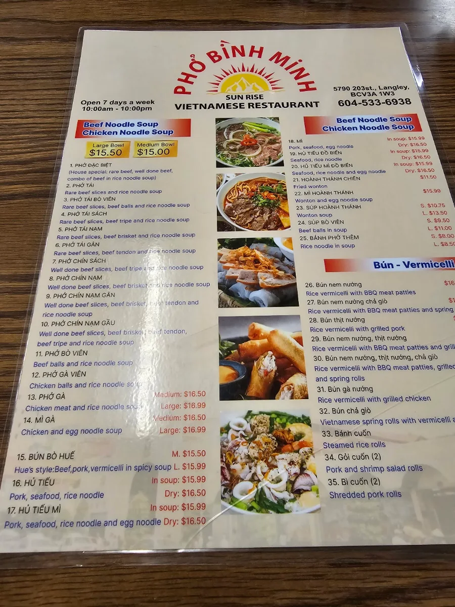 Menu, Pho Binh Minh