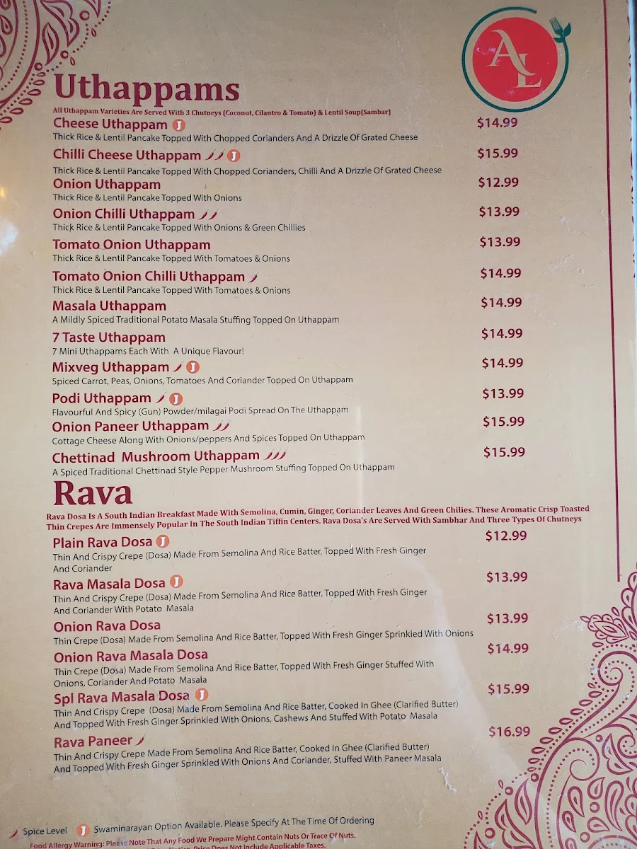 Menu, Annalakshmi Mississauga - South Indian Vegetarian Restaurant