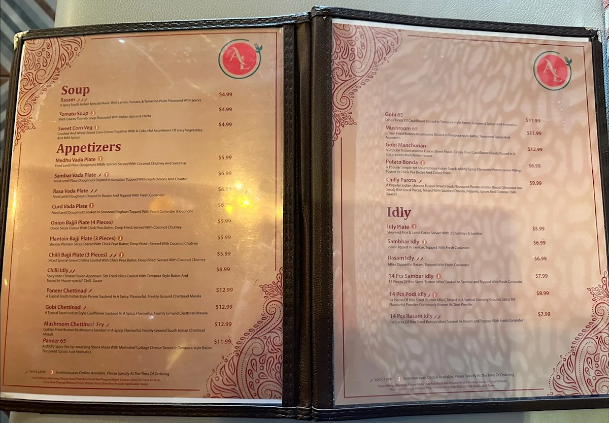 Menu, Annalakshmi Mississauga - South Indian Vegetarian Restaurant