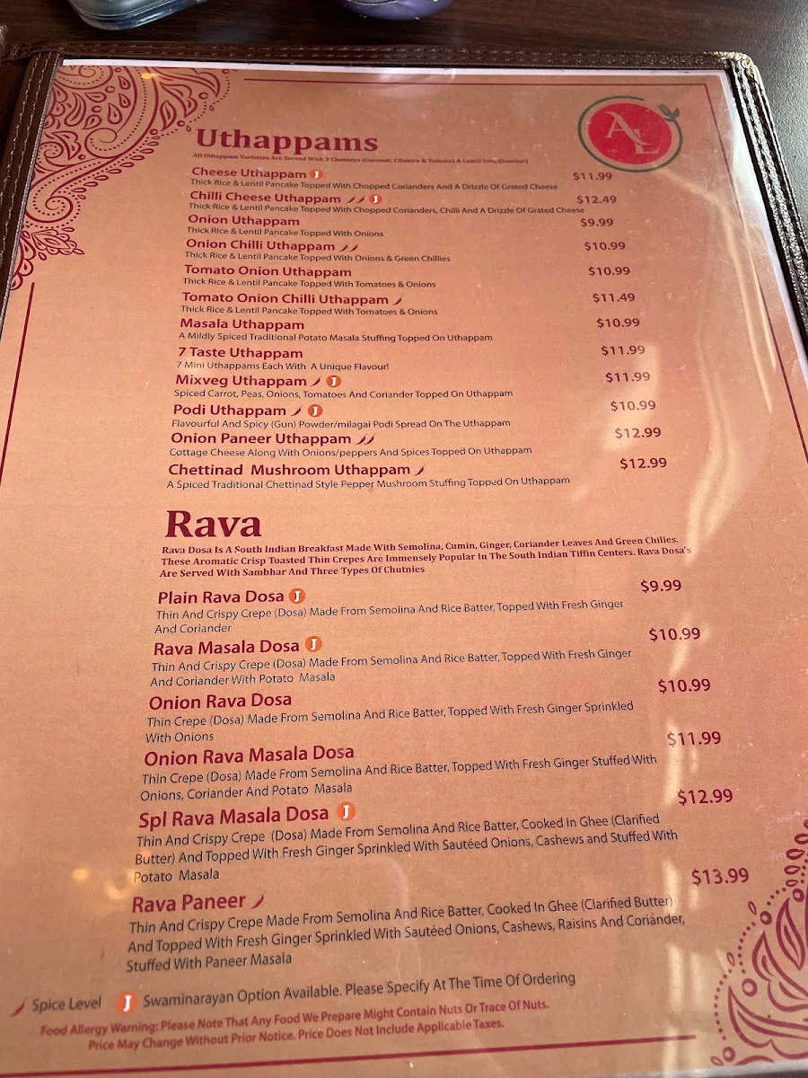Menu, Annalakshmi Mississauga - South Indian Vegetarian Restaurant