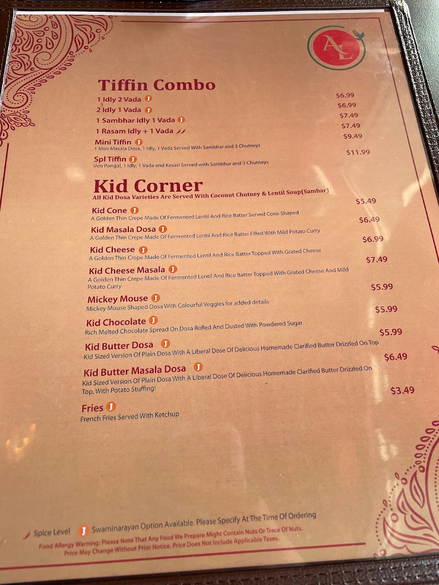 Menu, Annalakshmi Mississauga - South Indian Vegetarian Restaurant