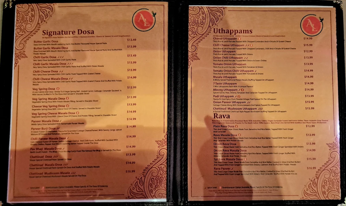 Menu, Annalakshmi Mississauga - South Indian Vegetarian Restaurant